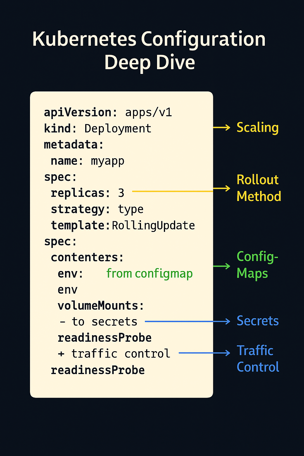YAML anatomy showing replica count, rollout, env, secrets, readinessProbe